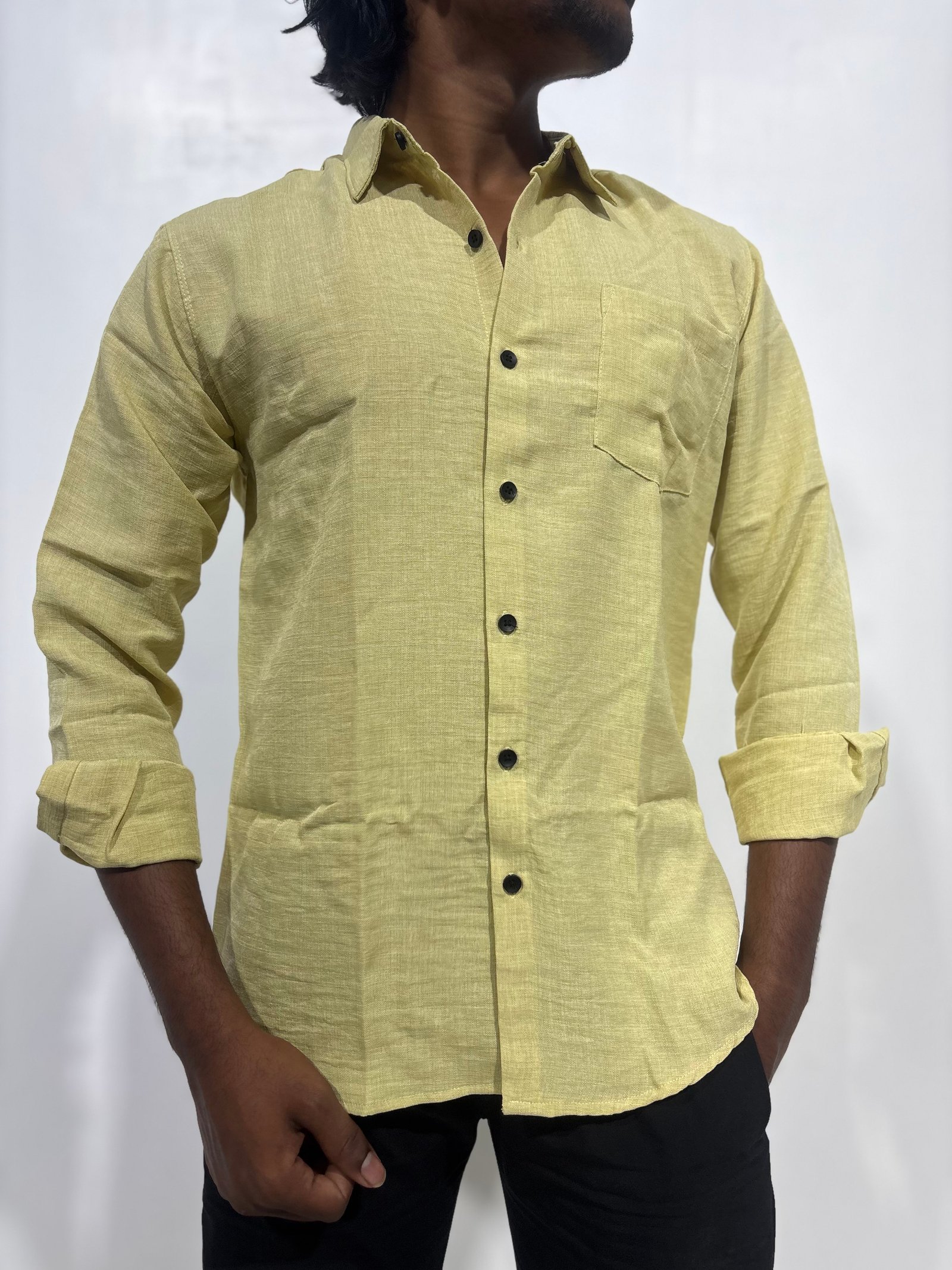 Men’s Korean Linen Light Olive Yellow Shirt 
